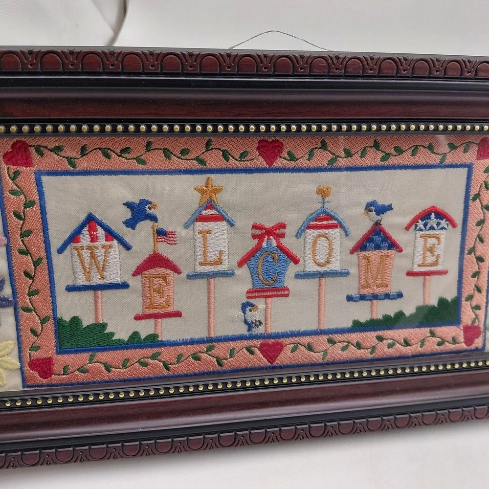 Cross Stitch Welcome Sign Framed Hanging Art Cottage Cabin Floral Bird House